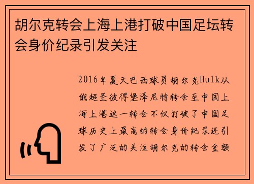 胡尔克转会上海上港打破中国足坛转会身价纪录引发关注