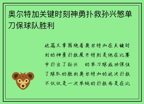 奥尔特加关键时刻神勇扑救孙兴慜单刀保球队胜利 奥尔特加关键时刻神勇扑救孙兴慜单刀保球队胜利
